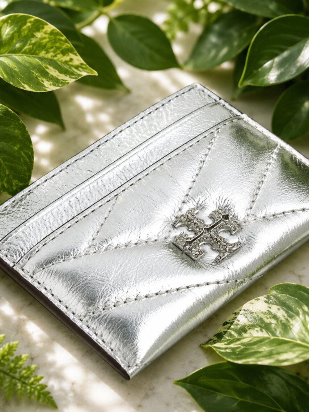 Tory Burch Kira Diamond Quilted Leather Card Case in Metallic Silver